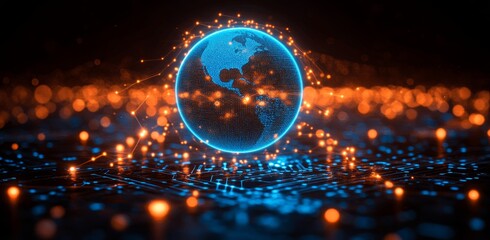 Poster - Floating tech sphere with hi-tech architecture circuit on dark blue background. Illustration of modern technology in use.