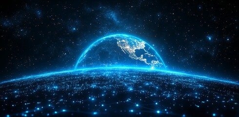Poster - On a dark blue background, a technical sphere geometrically floating with a hi-tech architect circuit. An example of modern technology.