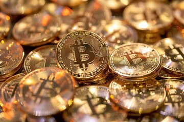 Poster - Pile of shiny gold bitcoins represents the future of finance and the decentralized economy