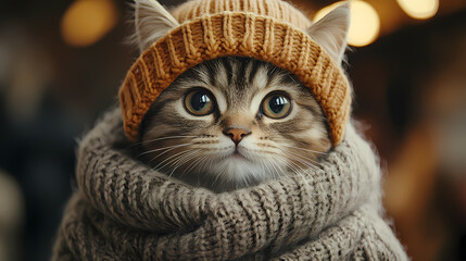 Cute kitten wearing a hat and scarf, a high-definition, realistic portrait photo in a cute style, light brown and beige, soft lighting, cute little cat wearing a sweater