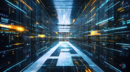 Poster - A server room with rows of glowing data servers and abstract digital connections flowing throughout the space