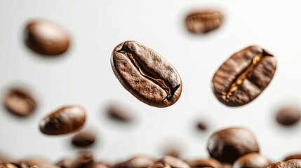 Close-up of Roasted Coffee Beans Floating in Air