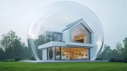 Modern house inside a transparent bubble, on a clear outdoor background, representing the concept of protection and property insurance. 