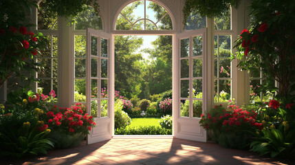 Poster - Classic French Doors Opening to a Sunlit Garden