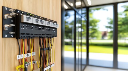 Poster - modern electrical control panel with colorful wires in a bright office environment
