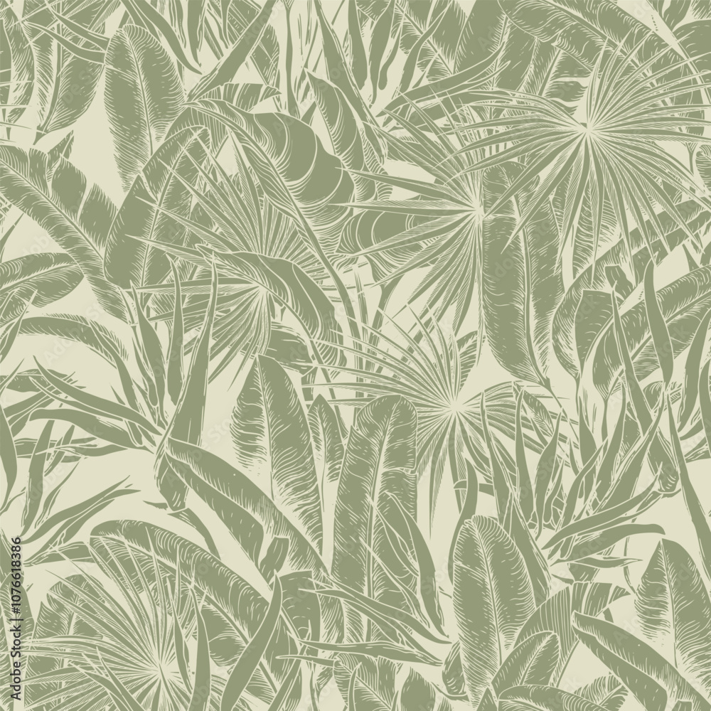 Seamless pattern with palm leaves on green background. Hand drawn ...