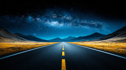 vast empty road stretches into distance under cosmic sky filled with Milky Way, surrounded by mountains and serene landscape. scene evokes sense of adventure and wonder