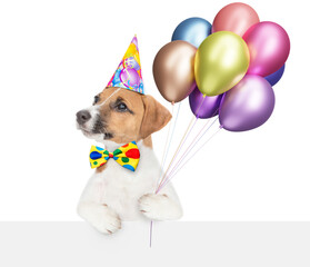 Aufkleber - Cute jack russell terrier puppy wearing party cap and tie bow  holding balloons above blank white banner and looking at camera. isolated on white background