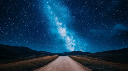 Wall Mural - serene rural dirt road stretches into distance under starry night sky filled with Milky Way. tranquil scene evokes sense of wonder and peace, inviting exploration