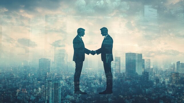 Silhouette of business professionals locking hands in a gesture of cooperation and unity, with a sprawling cityscape featuring skyscrapers