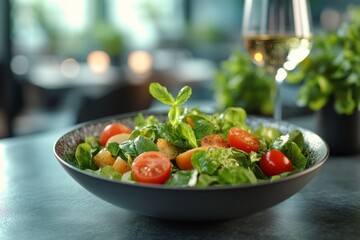 Wall Mural - Fresh salad with cherry tomatoes and herbs served in a modern restaurant setting with a drink