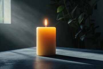 Poster - A warm candle glows softly on a reflective surface during golden hour indoors