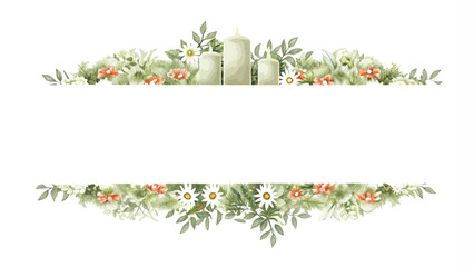 Wall Mural - Watercolor floral wreath with candles and flowers on white background.