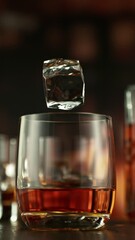 Fototapete - Super Slow Motion of Falling Ice into Glass of Whiskey. Filmed on High Speed Cinema Camera, 1000 fps. Camera in Motion. Bar on Background, Low Depth of Focus. Vertical Aspect Ratio.
