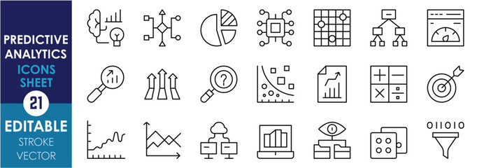 Leinwandbilder - A set of line icons related to Predictive Analytics. Data, forecast, graph, machine learning, trend, magnifying glass, pie chart, heatmap, and so on. Vector editable stroke.
