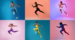 © Prostock-studio - A group of athletes in colorful activewear perform dynamic jumping poses against various bright backgrounds. The energy and movement highlight athleticism and style in fitness.