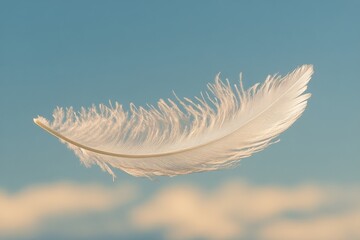 A delicate white feather floating gently above calm water at dawn, surrounded by soft clouds