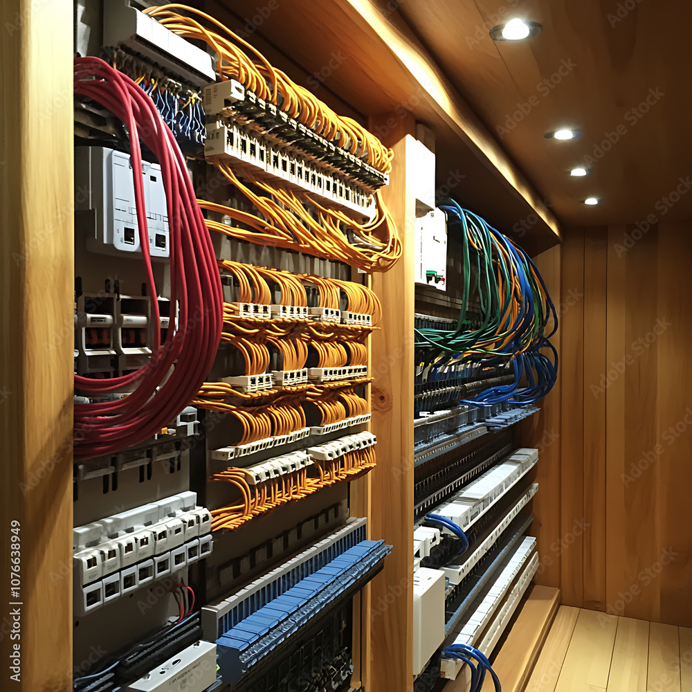 Electrical wiring installation with organized cables and connectors in