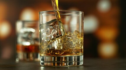Fototapete - Super Slow Motion of Pouring Whiskey into Glass. Filmed on High Speed Cinema Camera, 1000 fps. Camera placed on Motion Control. Bar on Background, Low Depth of Focus. Speed Ramp Effect.