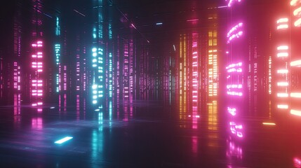 Poster - Vibrant Neon Grid with Reflections and Lights