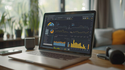Poster - Business data analytics displayed on a laptop screen with real-time statistics, highlighted growth indicators, and a multi-chart dashboard in a collaborative workspace.