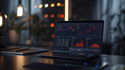 Poster - Business data analytics displayed on a laptop screen with real-time statistics, highlighted growth indicators, and a multi-chart dashboard in a collaborative workspace.