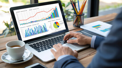 Poster - Business professional analyzing quarterly data on a laptop, with charts showing year-over-year growth trends, revenue distribution, and performance insights.