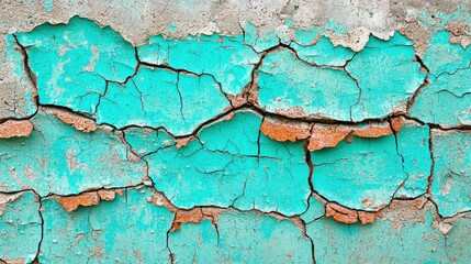 Wall Mural - Close-up of cracked turquoise paint on a weathered wall, showcasing texture and decay.