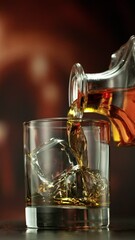 Fototapete - Super Slow Motion of Pouring Whiskey into Glass. Filmed on High Speed Cinema Camera, 1000 fps. Bar on Background, Low Depth of Focus. Vertical Aspect Ratio. Speed Ramp Effect.