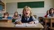 © ShU studio - Sad boy at desk in school, child screams, does not understand anything at school. Primary school, lesson