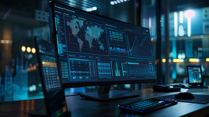 Wall Mural - Data-driven dashboard on a computer monitor with a full-screen view of statistics, growth charts, and financial trends, highlighting progress and projections.