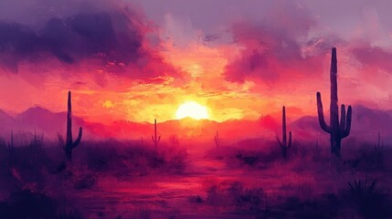 Poster - Serene and atmospheric desert landscape with silhouetted cacti against a stunning pastel sky at sunset captured in a soft watercolor like style
