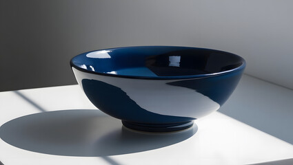 Poster - A sleek, blue bowl casts a soft shadow on a white surface, showcasing its glossy finish and elegant design in natural lighting.