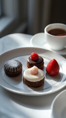 Wall Mural - Delicate pastries with vibrant strawberries and coffee on a table in soft morning light