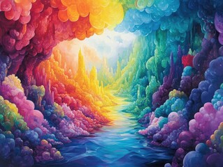 Poster - Vibrant Color Kaleidoscope Pouring from Paintbrush in Dreamlike Fantastical Scene   Abstract Digital Showcasing Fluid Dynamic Movement and Captivating Chromatic Explosion