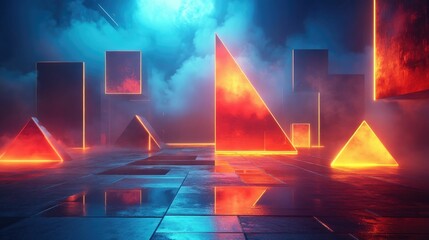 Aufkleber - Vibrant neon colored geometric shapes floating in a dark abstract space representing a futuristic and imaginative digital design concept  The shapes create a mesmerizing