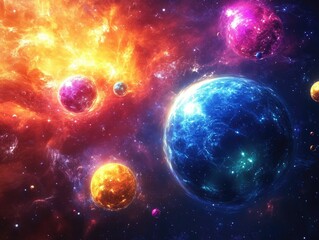 Poster - Vibrant Glowing Spheres Orbiting Cosmic Creative Ideas in Boundless Ethereal Space Symbolizing the Vastness of the Creative Mind and Imagination
