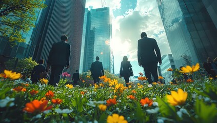 Wall Mural - grass and flowers in the city, people walking in business suits, office buildings in the background