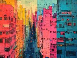 Poster - A visually captivating cityscape where buildings dynamically shift and change hues creating an imaginative and futuristic urban landscape of kaleidoscopic color geometric patterns