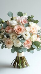 Wall Mural - Beautiful arrangement of pink roses and greenery on a neutral background for decoration or events