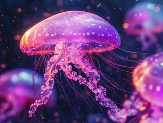 Poster - Glowing bioluminescent jellyfish gracefully swimming through a captivating colorful ocean of liquid light symbolizing the beauty and wonder of the underwater world and the power of imagination