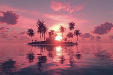 Wall Mural - Colorful sunset over a small tropical island with palm trees reflecting on the water