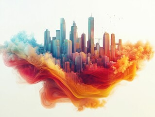 Poster - A vibrant otherworldly city floating on a cloud made of shifting swirling colors symbolizing the creative and innovative potential of urban design  This fantastical