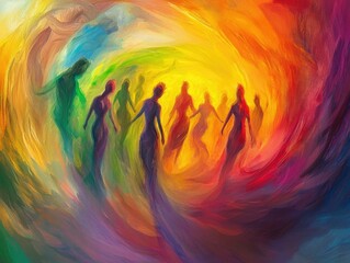 Poster - Mesmerizing abstract image of human figures made of glowing swirling colors dancing through a vibrant dreamlike and ethereal space  A surreal