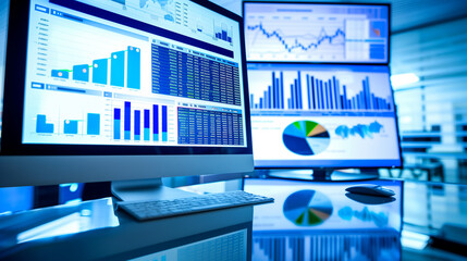 Poster - Desktop monitor displaying a comprehensive data analysis report with visualized business statistics, KPI graphs, and projected growth trends in a tech office.