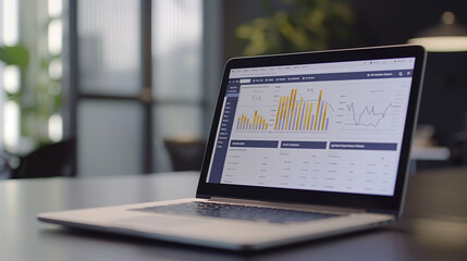 Poster - High-angle view of a laptop with data analytics software showing monthly growth statistics, sales forecasts, and profit analysis charts in a corporate office.