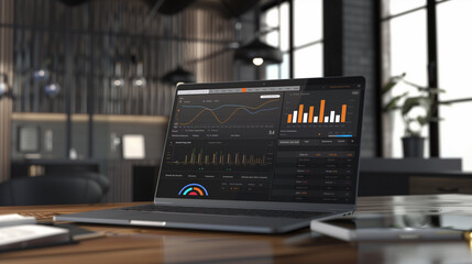 Poster - High-angle view of a laptop with data analytics software showing monthly growth statistics, sales forecasts, and profit analysis charts in a corporate office.