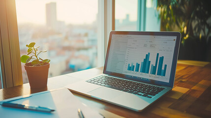 Poster - Laptop displaying real-time business analytics and predictive growth models, featuring bar graphs, financial charts, and KPI dashboards on a desk by the window.