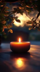 Poster - A solitary candle flickers gently in the dark, illuminating a wet stone surface in a serene setting