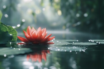 Wall Mural - A pink lotus floats on calm water, surrounded by green leaves in a misty morning